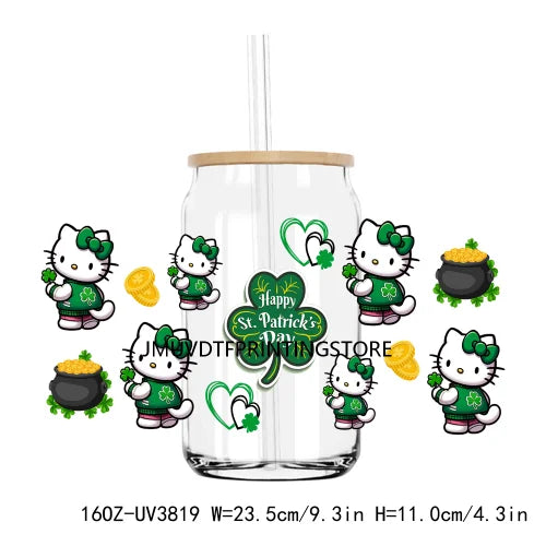 Cartoon St. Patrick's Day 16OZ UV DTF Cup Wrap Transfer Stickers Mouse Cat Custom Label DIY Waterproof Logo For Libbey Glass Can