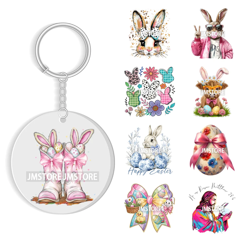 Christian Easter Eggs Bunny Mama Coquette Bow Good Quality WaterProof UV DTF Stickers For Round Circle Acrylic Keychain Keyring