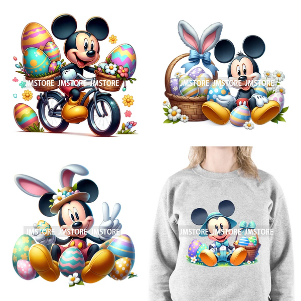 Cartoon Easter Mouse Egg Flowers Iron On DTF Transfers Stickers Ready To Press For Sweatshirt Bags