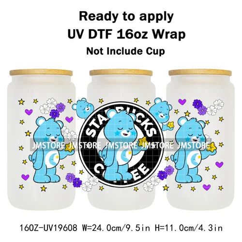 Cheerful Floral Hearts Cartoon Bears Clipart UV DTF Transfer Stickers Cup Tumbler Wrap For 16OZ Libbey Glass Bottle Cup Wraps