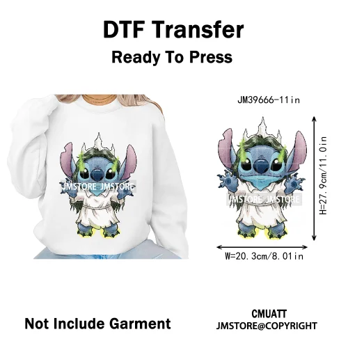 Spooky Scary Cute Cartoon Blue Animal Halloween Horror Vibes Iron on DTF Washable Transfers Stickers Ready to Press for Clothing