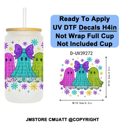 Iridescent Ghost Pumpkin Coquette Halloween UV DTF Transfer Stickers Decals Ready To Apply Waterproof For 16OZ Libbey Glass Can