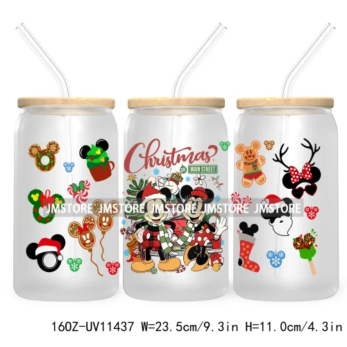 Merry Christmas Cartoon Couple 16OZ UV DTF Cup Wrap Ready To Apply For Libbey Glass Can Cup Tumbler Gingerbread Candy Cane Mouse