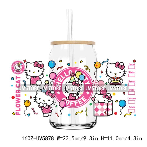 Flower Cartoon Cat With Pink Bow 16OZ UV DTF Cup Wrap Transfer Sticker Custom Label Durable Waterproof Logo For Libbey Glass Can