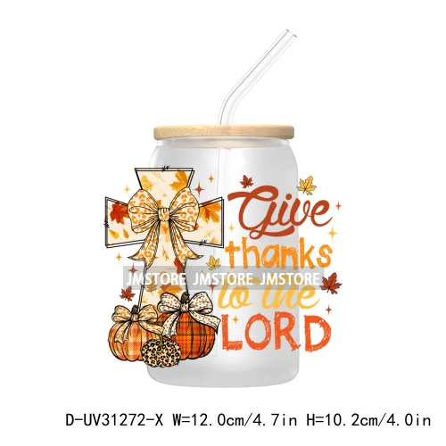 Thanksgiving Pumpkin Fall Bible Verse UV Sticker Decal For Libbey Cold Cup Mug Tumbler Transfer Sticker Coquette Bow Jesus Cross