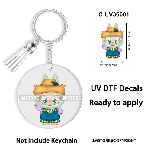 Coquette Bow Cartoon Monsters Doll In Costume Decal Round Keychain Ready To Apply UV DTF Transfer Stickers For Circle Keychain