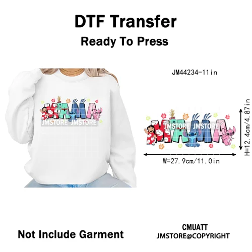 Cartoon Mama Princess Happy Mother's Day Family Vacation Iron on Washable DTF Heat Transfers Stickers Ready to Press for Hoodies