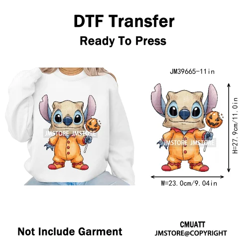 Spooky Scary Cute Cartoon Blue Animal Halloween Horror Vibes Iron on DTF Washable Transfers Stickers Ready to Press for Clothing
