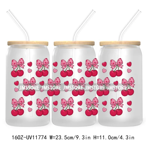 Trendy Girly Coquette Cherry Bow Valentines Gift Bears UV DTF Cup Wrap Transfer Stickers For 16OZ Libbey Glass Can Custom Logo