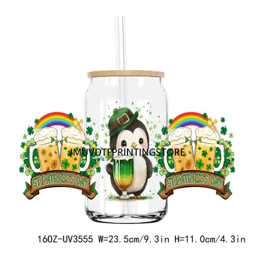 Green St. Patrick's Day UV DTF Sticker For 16OZ Libbey Glass Cup Can Lucky Shamrock Wrap Transfer Sticker Custom Labels DIY Logo