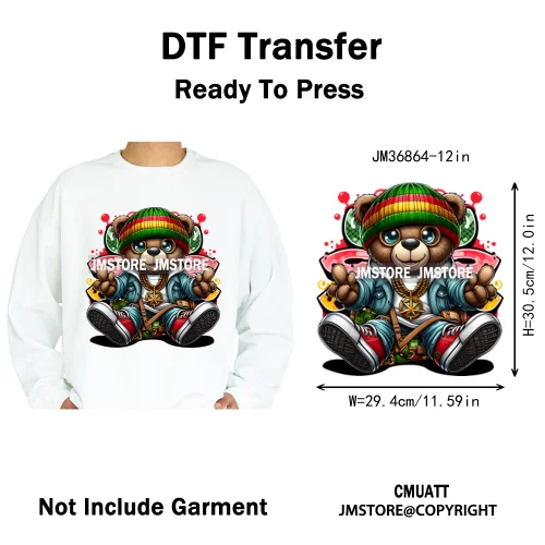 12in Hip Hop Vibes Urban Style Rich Bear With Gold Chains King Animal Iron on DTF Transfers Stickers Ready to Press for Textile