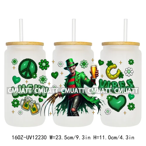 Cartoon Princess Girls St Patricks' Day Lucky Vibes 16OZ UV DTF Cup Transfer Wrap Sticker Waterproof Logos For Libbey Glass Can