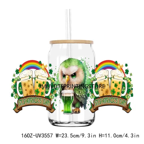 Green St. Patrick's Day UV DTF Sticker For 16OZ Libbey Glass Cup Can Lucky Shamrock Wrap Transfer Sticker Custom Labels DIY Logo