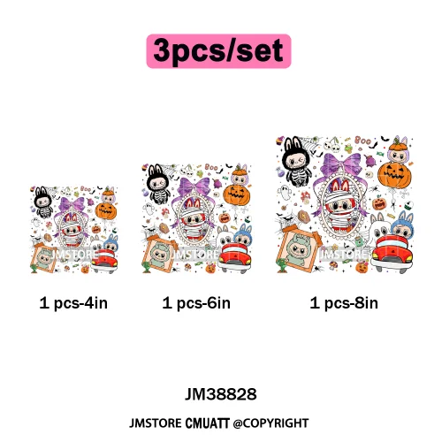 Cute Checkered Spooky Doll Monster Characters Halloween Iron on DTF Washable Heat Transfers Stickers Ready to Press for Textile