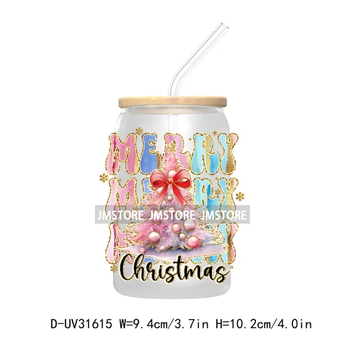 Merry Bright Coquette Bow Glitter Christmas Tree Girly UV DTF Transfer Stickers Decals For Libbey Cold Cup Mug Tumbler Durable