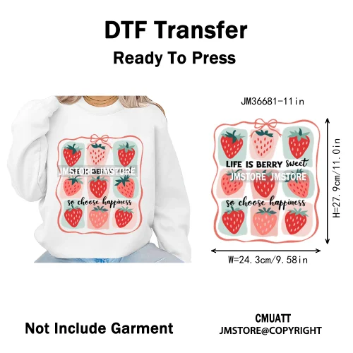 Boho Coquette Floral Strawberry Festival Vibes Summer Fruit Iron on DTF Thermal Transfer Sticker Ready to Press for Clothes Bags