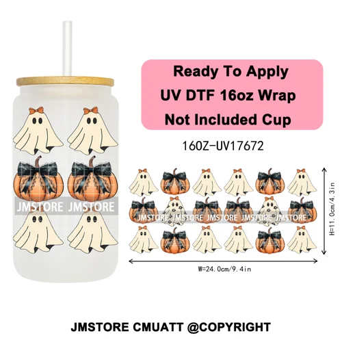 Halloween Fall Autumn Pumpkins Coquette Leopard Bow UV DTF Cup Wrap 16OZ Ready To Apply Transfer Stickers For Libbey Glass Can