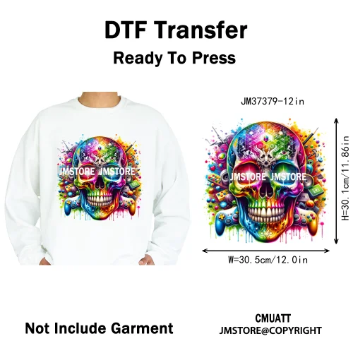 12in Hip Hop Graffiti Urban Skull Gaming Controller Game Lovers Iron on DTF Transfers Stickers Ready to Press for Hoodies Bags