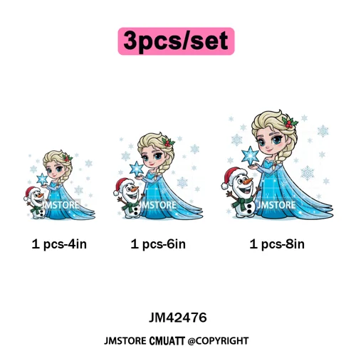 Cute Cartoon Movie Princess Christmas Winter Girly Kids Holiday Iron on DTF Washable Transfer Sticker Ready to Press for Clothes