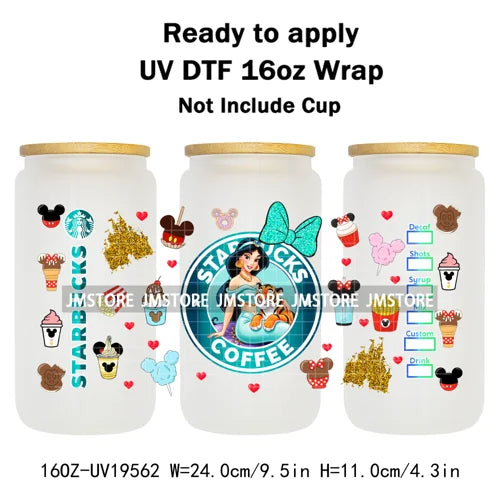 Faux Glitter Coffee Cartoon Princess Girly 16OZ UV DTF Cup Wraps Ready To Apply Waterproof Transfer Sticker For Libbey Glass Can