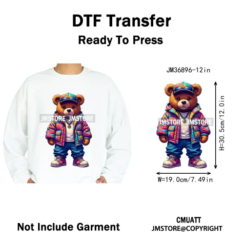 12in Colorful Graffiti Urban Stree Vibes Fearless Gangster Bear Washable Iron on DTF Transfer Sticker Ready to Press for Clothes