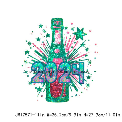 Happy New Year 2024 Printing Cheers To The New Year Faux Glitter Sequin Iron On DTF Transfer Sticker Ready To Press For Clothing