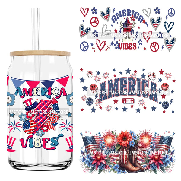 4th of July America Vibes Flag 16OZ UV DTF Cup Wrap Transfers Stickers Custom Label Durable Waterproof Logo For Libbey Glass Can