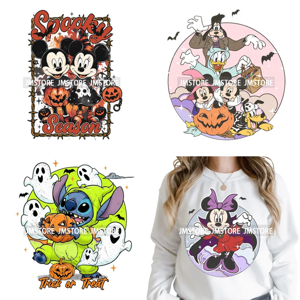 Spooky Season Pumpkin Trick or Treat Cartoon Halloween Iron on DTF Washable Heat Transfers Stickers Ready to Press for Clothing