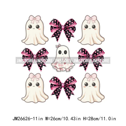 Colorful Halloween Spooky Season Cute Ghost Pumpkin Girly Coquette Bow DTF Iron On Transfers Stickers Ready To Press For T-shirt