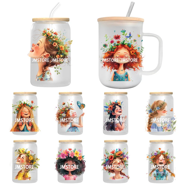 Colorful Girls In Floral Wreath UV DTF Transfer Stickers Decals Ready To Apply Waterproof For 16OZ Libbey Glass Can Cup Tumbler