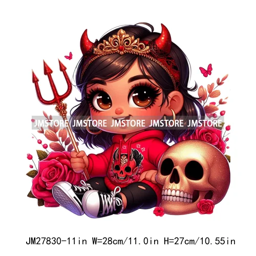 Chibi Cute Halloween Devil Latina Baby Hispanic Girls Skull Red Rose DTF Iron On Transfer Stickers Ready To Press For Sweatshirt