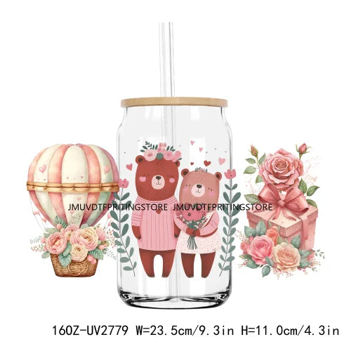 Cute Animal Couple Valentine Day UV DTF Sticker For 16OZ Libbey Glass Cup Can Wrap Transfer Sticker Custom Labels DIY Logo