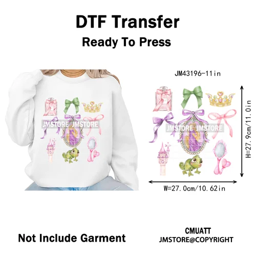 Colorful Girly Coquette Cartoon Princess Family Trip Iron on Washable DTF Heat Transfers Stickers Ready to Press for Clothing