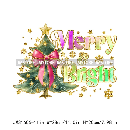 Merry And Bright Christmas Faux Gold Giltter Coquette Tree Gifts Girly Iron On DTF Transfer Stickers Ready To Press For Clothing