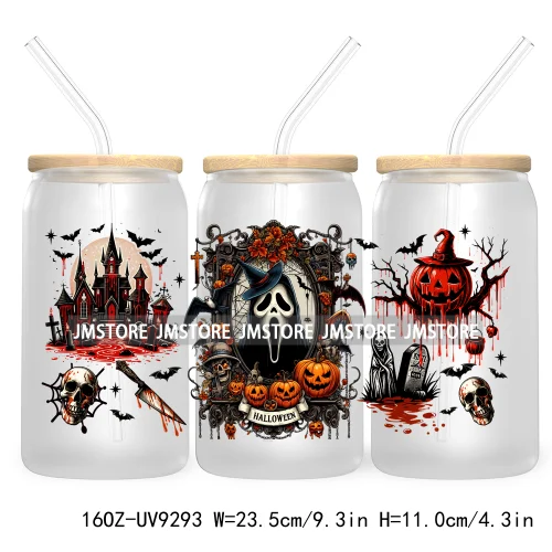 Scary Movies Halloween 16OZ UV DTF Cup Wrap Transfer Stickers Custom Labels Waterproof Logo For Libbey Glass Can Spooky Season