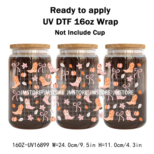 Coquette Bow Fall Autumn Pumpkins 16OZ UV DTF Cup Wraps Ready To Apply Waterproof Transfer Stickers For Libbey Glass Can Tumbler