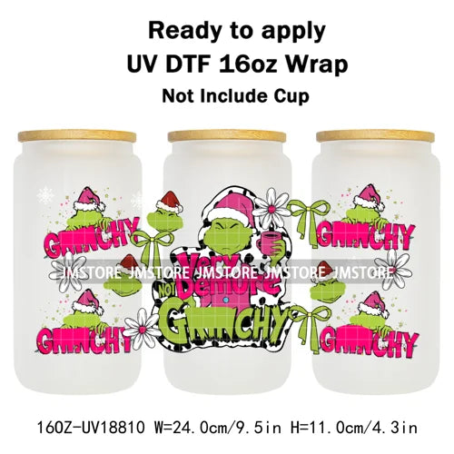 Coquette Bow Cartoon Christmas Green Guy UV DTF Cup Wrap Ready To Apply Transfer Stickers Waterproof For 16OZ Libbey Glass Can