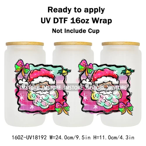 Preppy Brushstroke Christmas Santa Claus 16OZ UV DTF Cup Wraps Ready To Apply Waterproof Transfer Stickers For Libbey Glass Can