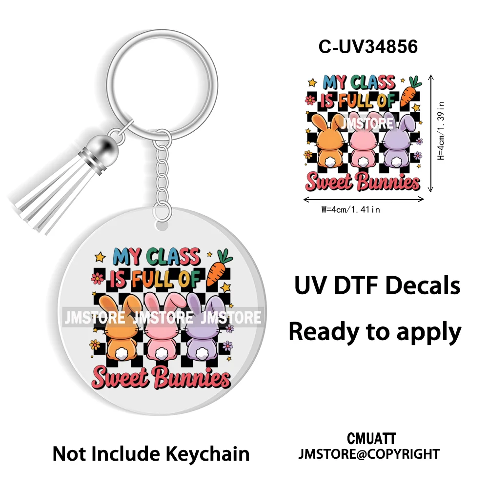 Happy Easter School Teacher Life Retro Coquette Easter Bunny WaterProof UV DTF Sticker For Round Circle Acrylic Keychain Keyring