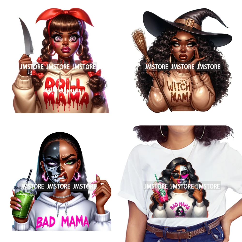Horror Halloween Character Afro Coffee Killer Bad Mama Club Iron on Washable DTF Transfers Stickers Ready to Press for Clothing