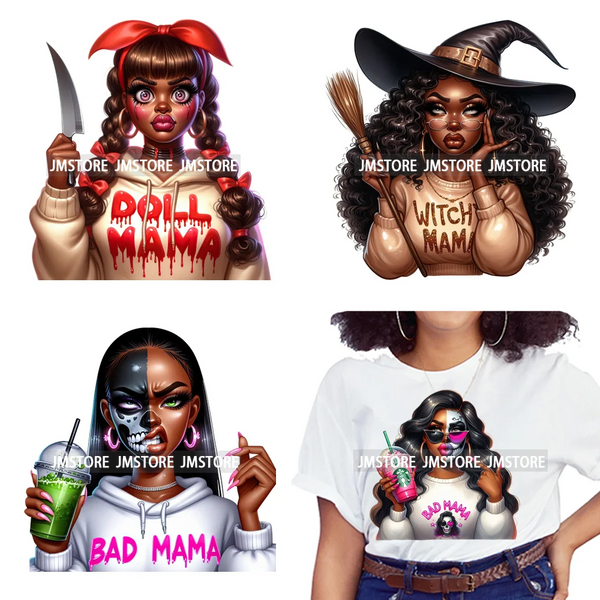 Horror Halloween Character Afro Coffee Killer Bad Mama Club Iron on Washable DTF Transfers Stickers Ready to Press for Clothing