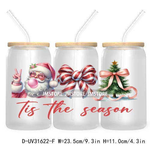 Tis The Season Christmas Tree Santa Coquette Cow 16OZ UV Cup Wrap DTF Transfer Sticker For Libbey Glass Can Cup Tumbler New Year