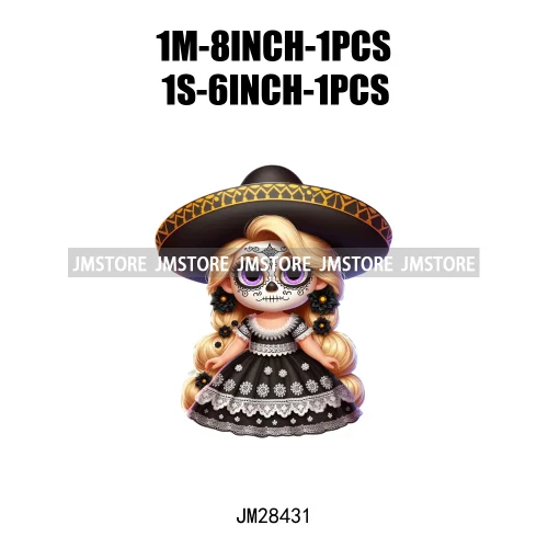 Colorful Day Of The Dead Catrina Princess Baby Girl Sombrero Hat Mexico Conchas Iron On DTF Heat Transfers Stickers For Clothing