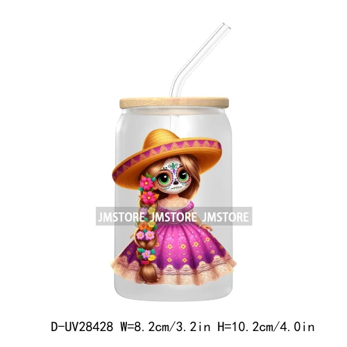 Cute Latina Cartoon Princess Baby Girl UV DTF Transfer Stickers Decals For Libbey Cold Cups Mug Tumbler Labels Sugar Skull Woman