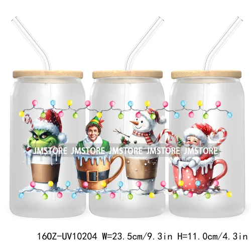 Christmas Lights Cartoon Coffee Cups 16OZ UV DTF Cup Wrap Transfer Stickers Custom Labels Waterproof Logo For Libbey Glass Can