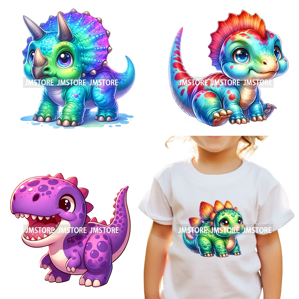 Colorful Dinosaur Baby Animal Thermal Printing Iron On DTF Transfer Stickers Ready To Press For Clothes