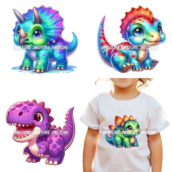 Colorful Dinosaur Baby Animal Thermal Printing Iron On DTF Transfer Stickers Ready To Press For Clothes