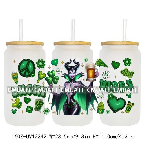 Happy St Patricks Cartoon Princess Characters Feeling Lucky Four Leaf Clover 16OZ UV DTF Cup Wrap Sticker For Libbey Glass Can