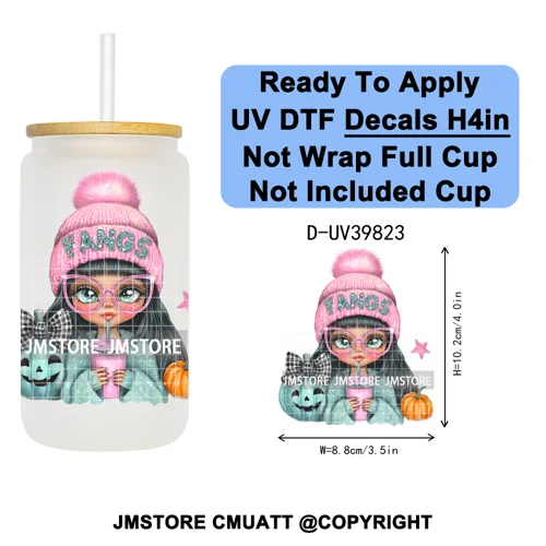 Girly Halloween Ghost Pumpkin Coffee Lover UV DTF Transfer Stickers Decals Ready To Apply Waterproof For 16OZ Libbey Glass Can