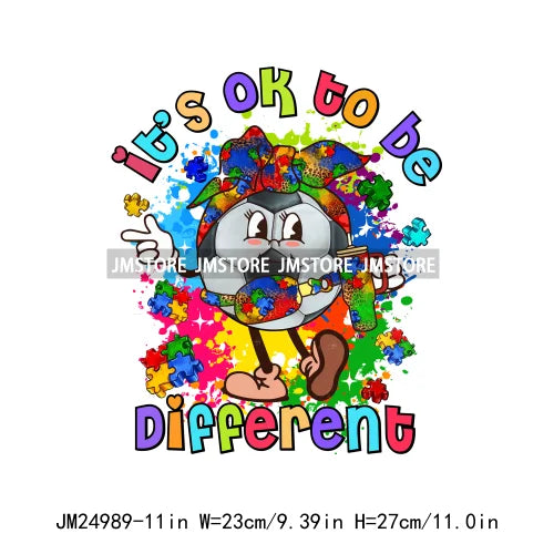 Colorful Autism Awareness Printing It's Okay To Be Different Iron On Heat Press DTF Transfer Stickers Ready To Press For Clothes